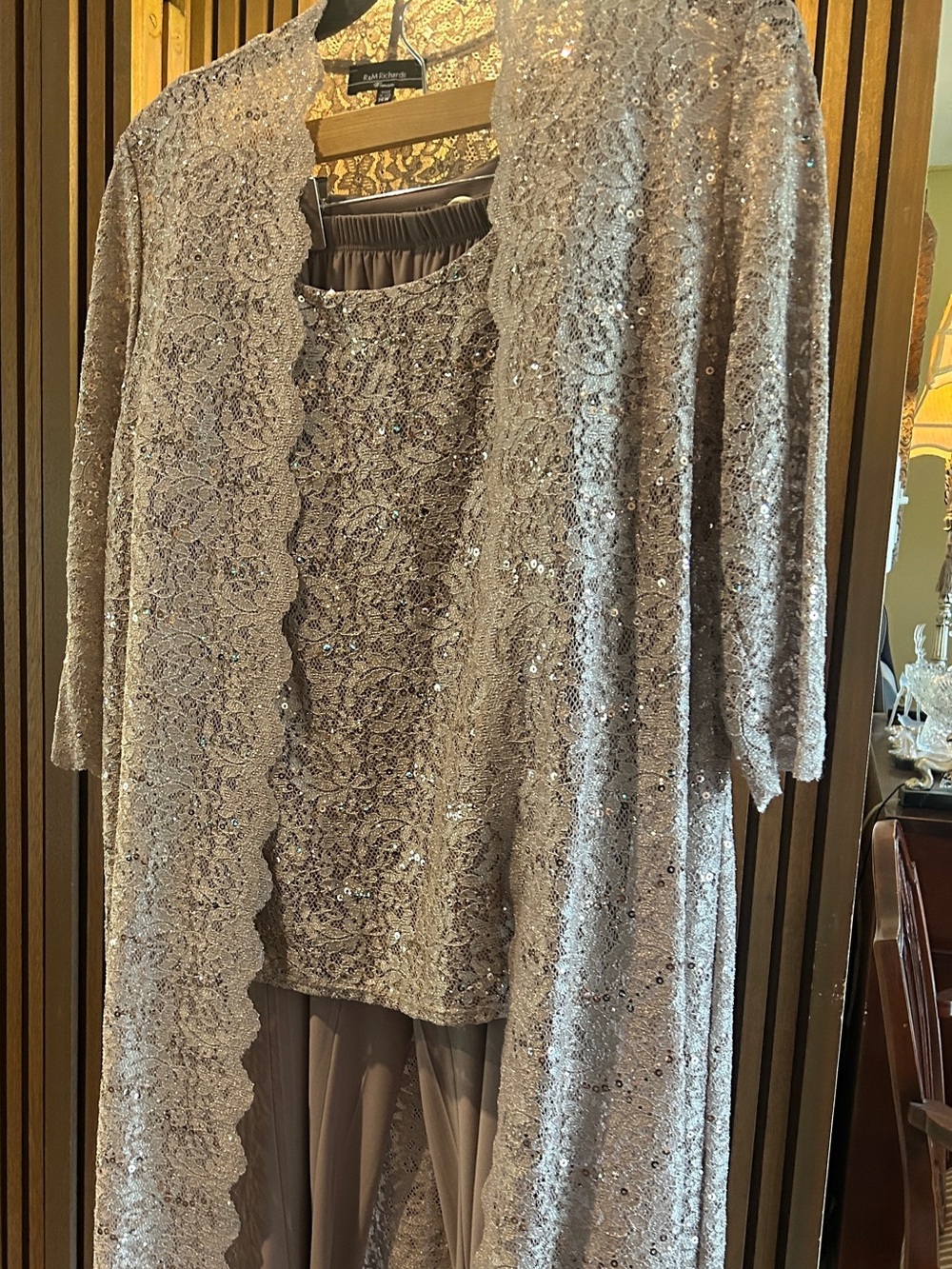 R&M Richards Shimmery Taupe Lace 3 Piece Pantsuit Wedding 14W Petite